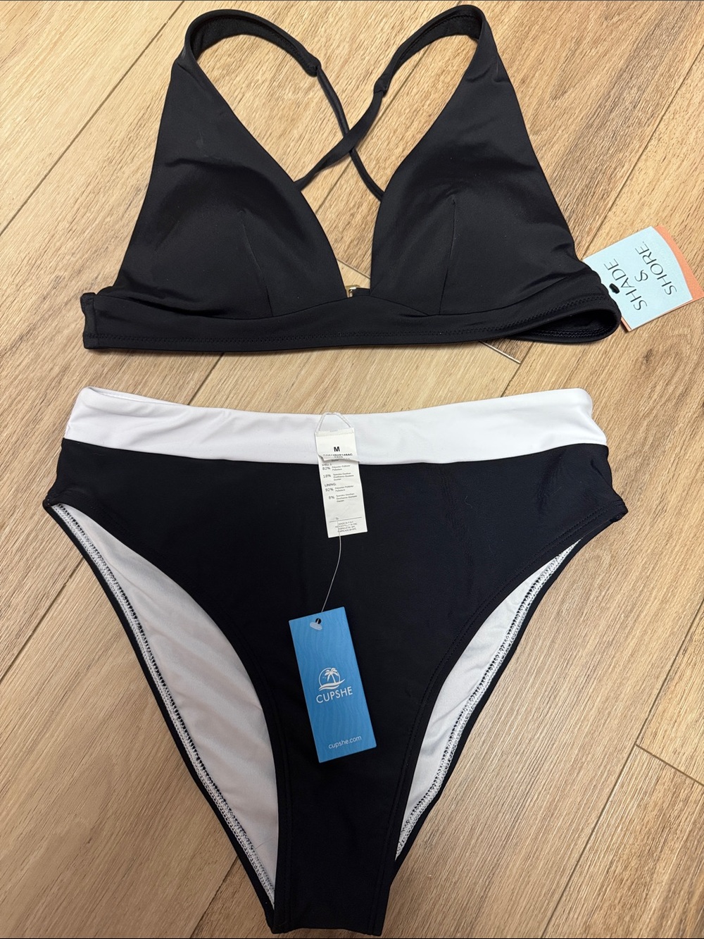Cupshe NWT M Black & White High-Waist & shade and shore Crisscross Top bikini